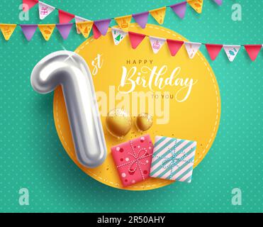 Geburtstag 1. Vektorschablonendesign. Happy birthday Text in Leere space with number one silver balloon decoration. (Alles gute zum Geburtstag in leerem Raum mit silbernem Ball Begrüßung zur Vektordarstellung Stock Vektor