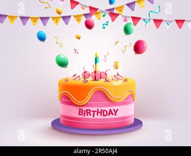 Geburtstagskuchen-Vektordesign. Happy Birthday Text in leckerem Dessert cake mit bunten Ballons und Wimpeln Partyelementen. Vektordarstellung Stock Vektor