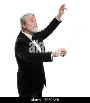Professioneller Leiter mit Stab auf weißem Hintergrund Stockfoto