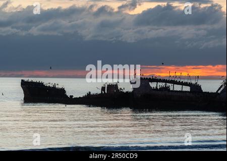 Silhoutte der SS Palo Alto, ein altes Schiffswrack aus dem Zweiten Weltkrieg, um den Sonnenuntergang vor der Küste von Aptos, Kalifornien, in der Nähe des seacliff Strandes. Stockfoto
