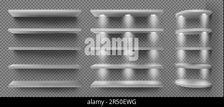 Graue Holzregale mit Hintergrundbeleuchtung, Front- und Eckregale auf transparentem Wandhintergrund. Leere durchsichtige beleuchtete Vorsprünge oder Bücherregale. Designelement für Raumdekoration, realistischer 3D-Vektor Stock Vektor