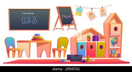 Zimmereinrichtung im montessori-Kindergarten mit Büchern auf Regalen, Tafel, Schreibtisch mit Stühlen. Vektor-Cartoon-Möbel im Klassenzimmer, Kindergemälde und Spielzeugblöcke isoliert auf weißem Hintergrund Stock Vektor