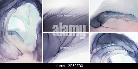Alkoholtinte-Imitation setzt Hintergrund. Schwarzes, blaues Aquarell fließendes Malvektordesign. Stock Vektor