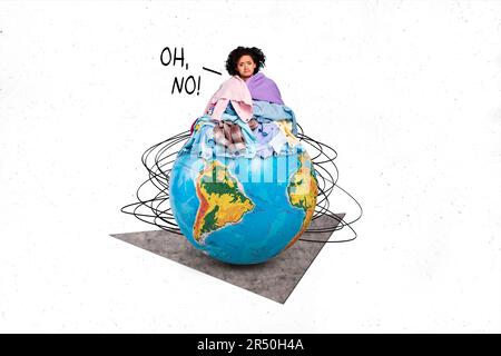 Collage Picture Metapher Überproduktionskonzept Müllbekleidung unglückliches Mädchen unzufriedener Abfall über dem Planeten isoliert auf weißem Hintergrund Stockfoto