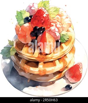 Frühstücksdessert Wasserfarben wiener Waffeln Wasserfarben. Hintergrund der Vektordarstellung. Stock Vektor