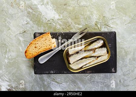 Sardinen in Dosen in Olivenöl serviert mit getoastetem Brot Stockfoto