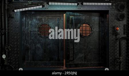 3D Abbildung. Cyberpunk-Türen aus altem Metall Stockfoto