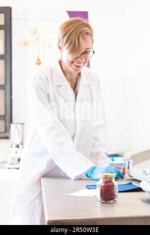 Safran-Qualitätsprüfungen im Labor von Maison du Safran in Southern Taliouine, Marokko Stockfoto