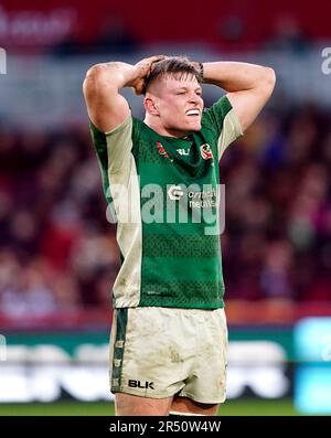 Aktenfoto von 29-01-2023 von London Irish's Tom Pearson Reacts. Die Londoner Iren müssen heute alle Mitarbeiter für Mai vollständig bezahlen oder aus der Gallagher-Premiership entlassen werden. Ausgabedatum: Mittwoch, 31. Mai 2023. Stockfoto