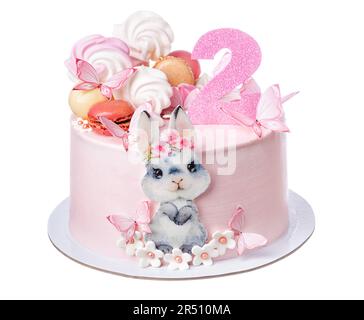 Süßer rosa Kuchen mit Marshmallows, Kaninchen, Schmetterlingen und Blumen zum Geburtstag eines Mädchens mit der Nummer zwei. Stockfoto