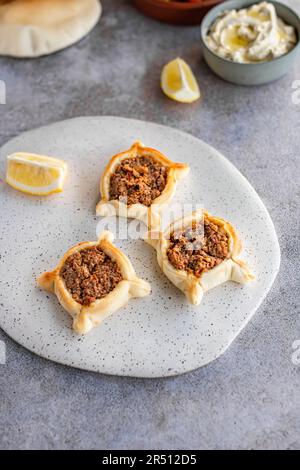Sfiha oder Sfeeha ist libanesischer Fleischpastete. Seine Herkunft liegt in der Levantregion und besteht aus gemahlenem Fladenbrot. Stockfoto