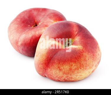 Zwei chinesische flache Donut Pfirsiche isoliert auf weißem Hintergrund mit Clipping-Pfad. Volle Schärfentiefe. Stockfoto