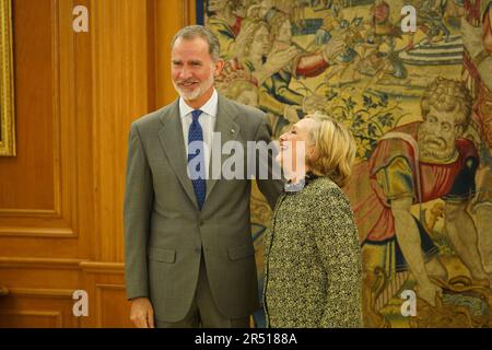 Madrid, Spanien. 31. Mai 2023. King Felipe VI erhält Hilary Rodham Clinton, ehemaliger US-amerikanischer Sekretär, am Donnerstag, den 31. Mai 2023 in Madrid. Kredit: CORDON PRESS/Alamy Live News Stockfoto