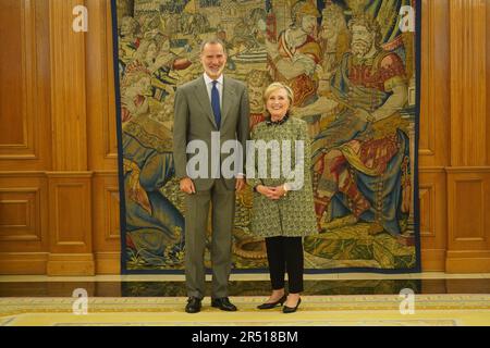 Madrid, Spanien. 31. Mai 2023. King Felipe VI erhält Hilary Rodham Clinton, ehemaliger US-amerikanischer Sekretär, am Donnerstag, den 31. Mai 2023 in Madrid. Kredit: CORDON PRESS/Alamy Live News Stockfoto