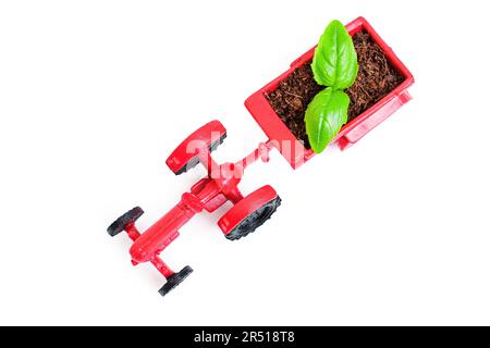 Der rote Spielzeugtraktor trägt einen jungen Sprossen, isoliert auf weiß. Umweltbezogene Gestaltung und Hintergrund landwirtschaftlicher Konzepte. Stockfoto