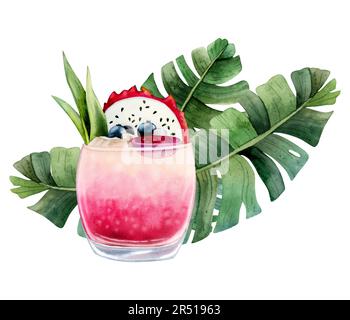 Tropische Drachenfrucht-Cocktail-Limonade mit Pitaya und grünen Palmenblättern in Aquarellfarben. Frischer Sommerdrink Stockfoto