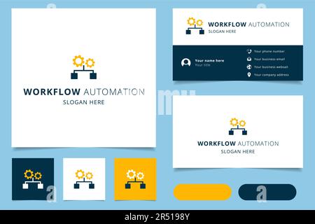 Logo-Design für Workflow-Automatisierung mit editierbarem Slogan. Branding-Buch und Visitenkartenvorlage. Stock Vektor