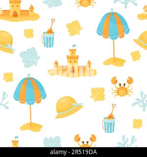 Nahtloses Sommermuster mit Sandschloss, Sonnenschirm, Muschel, Krabbe und Strohhut auf weißem Hintergrund. Vektordarstellung im flachen Cartoon-Stil für d Stock Vektor