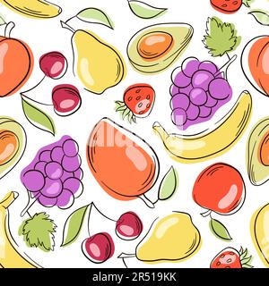 Muster im Stil eines Kritzelns mit Früchten. Nahtloses Muster mit handgezeichneten Früchten und Formen auf weißem Hintergrund. Erdbeere, Granatäpfel, Mango, Birne. Stock Vektor