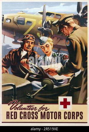 „Volunteer for the Red Cross Motor Corps“ Vintage WWII Recruitment Poster, 1940er, Whitman Kunstwerk Stockfoto