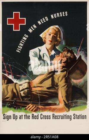 Red Cross Recruiting Station - American WWII Propaganda Poster - Fighting Men Need Nurses, Poster Illustration, 1944 Stockfoto