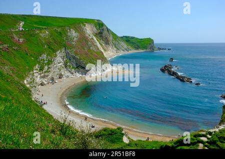 Blick auf man O'war Beach und St. Oswald's Bay Beach von Durdle Door, West Lulworth, Dorset, England Stockfoto