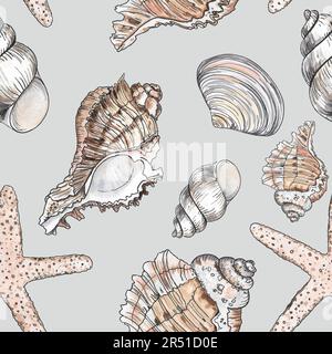 Handgezeichnete Vektorgrafiken - Nahtloses Musterung von Muscheln. Meereshintergrund. Perfekt für Einladungen, Grußkarten, Poster, Drucke, Banner, Stockfoto