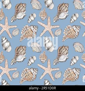 Handgezeichnete Vektorgrafiken - Nahtloses Musterung von Muscheln. Meereshintergrund. Perfekt für Einladungen, Grußkarten, Poster, Drucke, Banner, Stockfoto