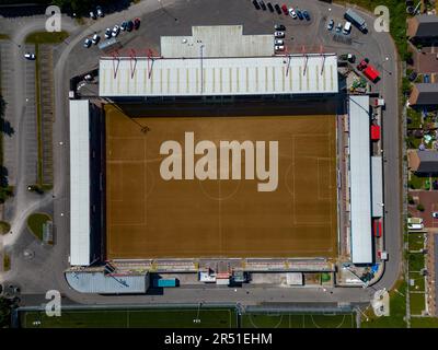 Das Mazuma Stadium Off Season Morecambe Fußballverein von Drone 2023 Update Stockfoto