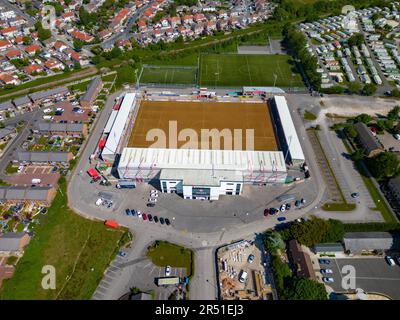 Das Mazuma Stadium Off Season Morecambe Fußballverein von Drone 2023 Update Stockfoto