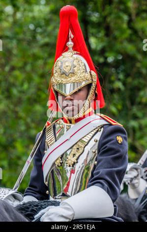 London, Großbritannien. 31. Mai 2023. Die Blues und Royals, Teil des Kavallerie-Regiments, kehren nach dem Wachwechsel bei Horse Guards in ihre Baracken im Hyde Park zurück. Kredit: Guy Bell/Alamy Live News Stockfoto