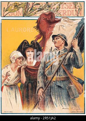 Französische Propaganda aus dem Ersten Weltkrieg (Lapina, 1910er). French Moyenne - 'Marne, Yser, Somme, Verdun - L'aurore', französischer Soldat mit französischer Flagge - Henri Royer Artwork Stockfoto