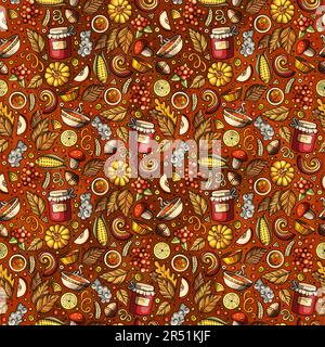 Cartoon niedliches, nahtloses Herbstmuster. Farbenfrohe Details mit vielen Objekten im Hintergrund. Endlose lustige Vektordarstellung. Helle Farben fallen nach hinten Stock Vektor