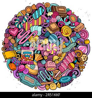 Bonbons Cartoon-Vektor runde Kritzeleien Illustration. Süßes Essen. Konfektionierungselemente und Hintergrund von Objekten. Helle Farben, lustiges Bild. Alles klar Stock Vektor