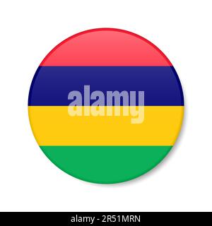 Symbol für Mauritius-Kreis-Taste. Runde mauritische Abzeichen-Flagge mit Schatten. Realistische 3D-Vektordarstellung auf Weiß isoliert. Stock Vektor