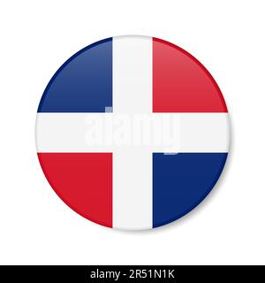 Symbol für die Schaltfläche „Kreis“ der Dominikanischen Republik. Republica Dominicana runde Abzeichen-Flagge mit Schatten. Realistische 3D-Vektordarstellung auf Weiß isoliert. Stock Vektor