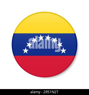 Venezuela – Symbol für die Kreisschaltfläche. Venezolanische runde Abzeichen-Flagge mit Schatten. Realistische 3D-Vektordarstellung auf Weiß isoliert. Stock Vektor