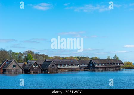 Traditionelle strohgedeckte Fischerhütten am Müritz, Landstadt Roebel, Mecklenbrug-Seengebiet, Mecklenburg-Westpommern, Ostdeutschland Stockfoto