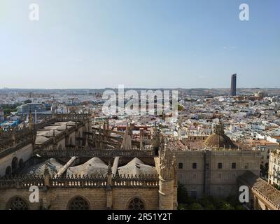 Ein Blick auf die Kathedrale von Sevilla oder die Kathedrale von Sevilla, die größte gotische Kathedrale, von oben auf die Kathedrale, während Sie die Stadt Sevilla betrachten Stockfoto