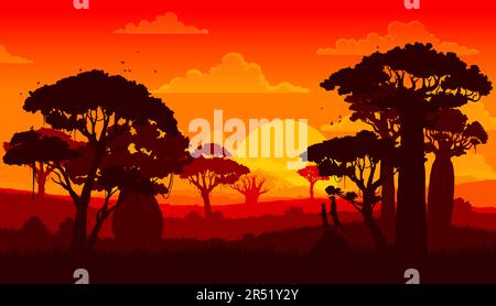 Afrikanische Savanne bei Sonnenuntergang, Landschaftssilhouette. Im Vektorhintergrund sehen Sie Baobabs oder Akazien und Erdmännchen mit Silhouetten vor einem Stock Vektor