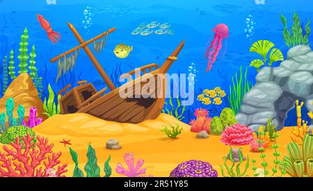 Spiellevel in der Unterwasserwelt mit gesunkenem Schiff. Fischschuppen, Tintenfische, Quallen und Algen. Ozean Water World Hintergrund, Korallenriff tief Stock Vektor