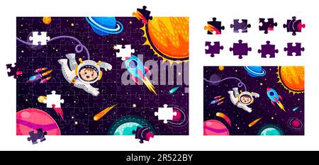 Cartoon-Weltraumlandschaft und Astronaut. Puzzle-Puzzle-Spielteile. Erzieherisches Vektorarbeitsblatt für Schüler oder Vorschulkinder mit Komiker-Kosmona Stock Vektor