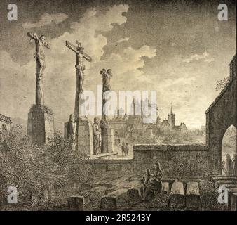 Der Johannisfriedhof mit Kreuzigungsgruppe und Blick zur Burg, 1819, Nürnberg, Bayern, Deutschland, Historisch, digital restaurierte Reproduktion von einer Vorlage aus dem 19. Jahrhundert/St. John's Cemetery mit Crucifixion Group und Blick auf das Schloss, 1819, Nürnberg, Bayern, Deutschland, Historische, digital restaurierte Reproduktion eines Originals aus dem 19. Jahrhundert. Stockfoto