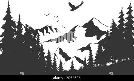 Silhouette aus Wald und fliegenden Vögeln. Bergige Oberfläche. Schöne Bäume sind voneinander getrennt. Vektordarstellung. Stock Vektor
