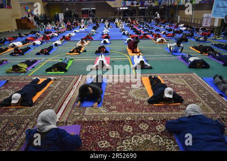 31. Mai 2023, Srinagar, Jammu und Kaschmir, Indien: Die Teilnehmer führen Yoga-Übungen zu „Yogotsav“ in Srinagar im Zusammenhang mit dem Countdown zum Internationalen Yoga-Tag am 21. Juni 2023 durch. (Kreditbild: © Mubashir Hassan/Pacific Press via ZUMA Press Wire) NUR REDAKTIONELLE VERWENDUNG! Nicht für den kommerziellen GEBRAUCH! Stockfoto