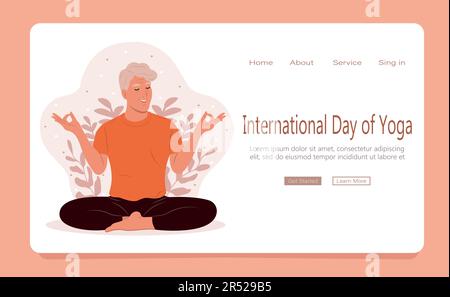 Der ältere Mann mit geschlossenen Augen meditiert in Yoga-Lotus-Haltung. Internationaler Yoga-Tag. Webseitenvorlage. Monat Stress Awareness. Psychische Gesundheit Stock Vektor