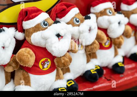 Daytona Beach, Florida - 29. Dezember 2022: Selektiver Fokus auf Buc-ees Biber Maskottchen Spielzeugpuppe Plüschpuppe, die zu Weihnachten als Weihnachtsmann verkleidet ist, auf DISS Stockfoto