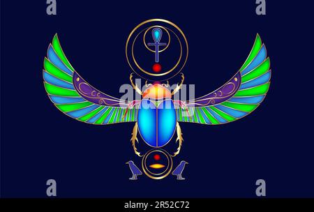 ägyptisches Scarab farbenfrohes Design auf Edelsteinen, Logo-Käfer mit Flügeln. Vektordarstellung, Verkörperung des gottes Khepri. Symbol Stock Vektor