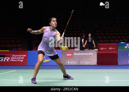 Bangkok, Thailand. 31. Mai 2023. Carolina Marin aus Spanien spielt gegen Pitchamon Opatniputh aus Thailand während der Badminton Women's Single bei den Toyota Thailand Open 20233 im Huamark Indoor Stadium. Carolina Marin gewann Pitchamon Opatniputh 2:0 (21:17, 21:13). Kredit: SOPA Images Limited/Alamy Live News Stockfoto