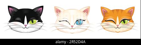 Süße Köpfe verschiedener Katzen blinzeln. Isoliert auf weiß. Stock Vektor